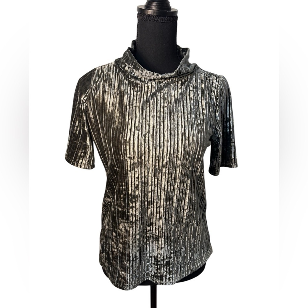 Loft Women’s Olive Green Velour Striped Mock Neck Top Size XS